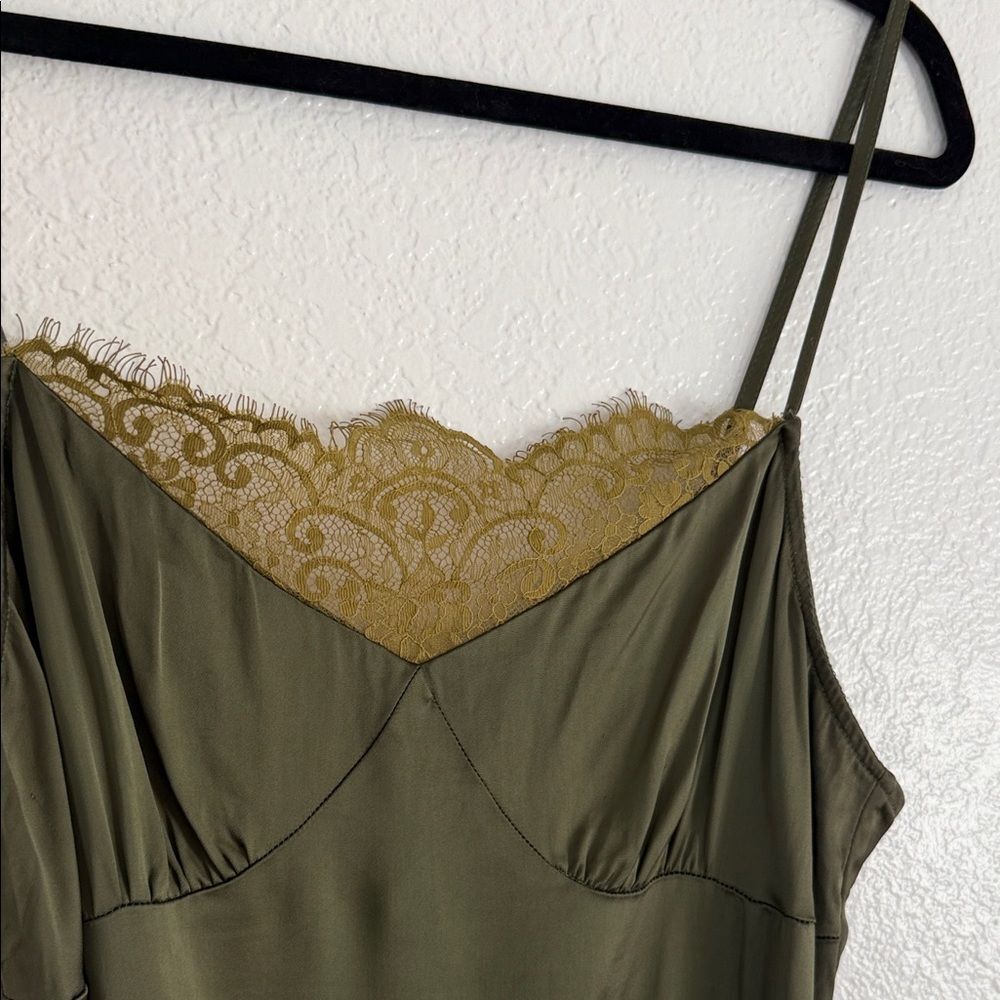 Vintage Olive Green Lace Trim Slip Y2K 90s holiday party Dress - Picture 5 of 10